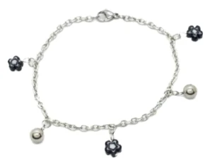 Pulsera de Acero Quirurgico eslabon tiff con bolitas y flor murano negra 18cm